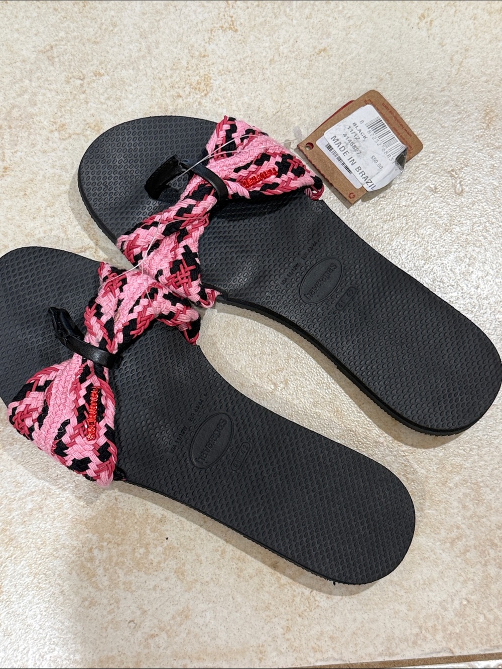 Original HAVAIANAS Womens You St Tropez Mesh Flip Flops Black Pink Bow 11 12